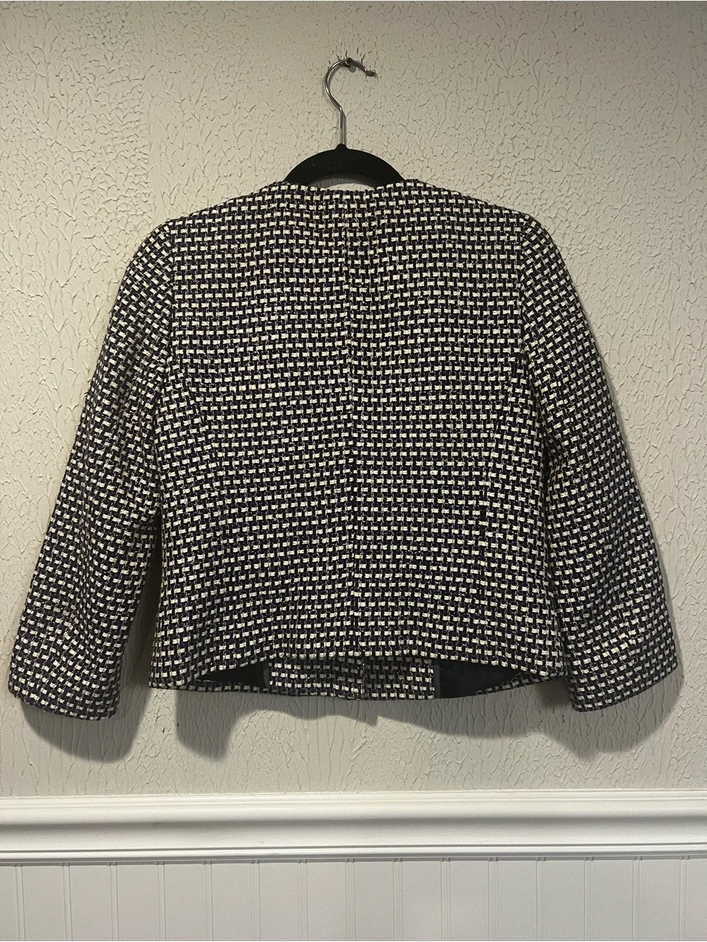 J. Crew Metallic Navy Silk blend Tweed collarless blazer size 0